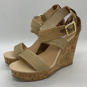 Steve Madden Women's P-SLI Ankle Strap Cork Wedge High Heels 10